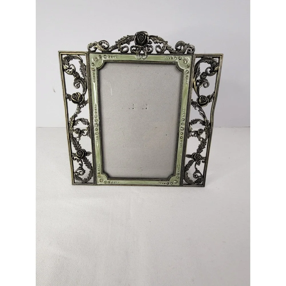 Vintage Style Bronze Rose Enamel Rhinestone Ornate Photo Frame 4x6 Sage Green